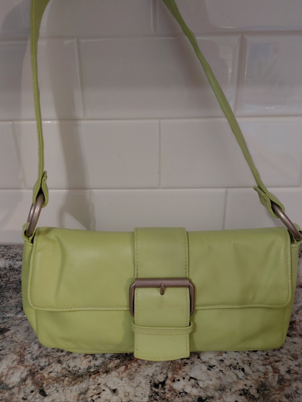 Wilsons Y2K Lime Green Leather Baguette Shoulder Bag with Buckle